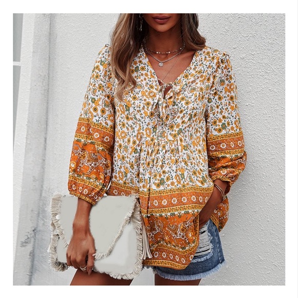 NWT Casual Boho V Neck Top Loose Floral Print Long Sleeve Beach Shirt El… - Picture 1 of 9